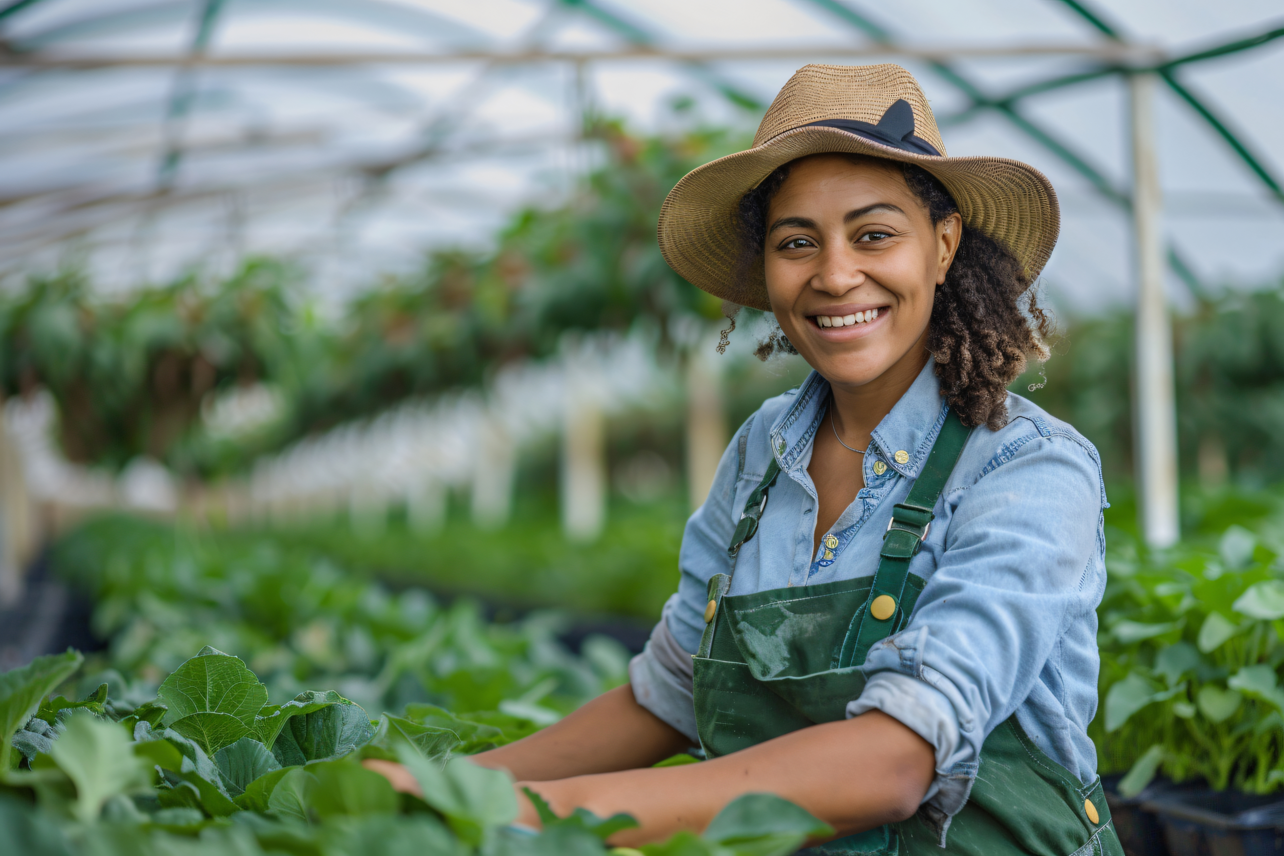 Mulher em estufa com plantas